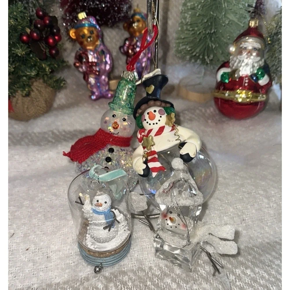 VTG Lot Of 4-Snowmen-1 Glitter Handblown 1-icecube 1-snowglobe1- Ceramic